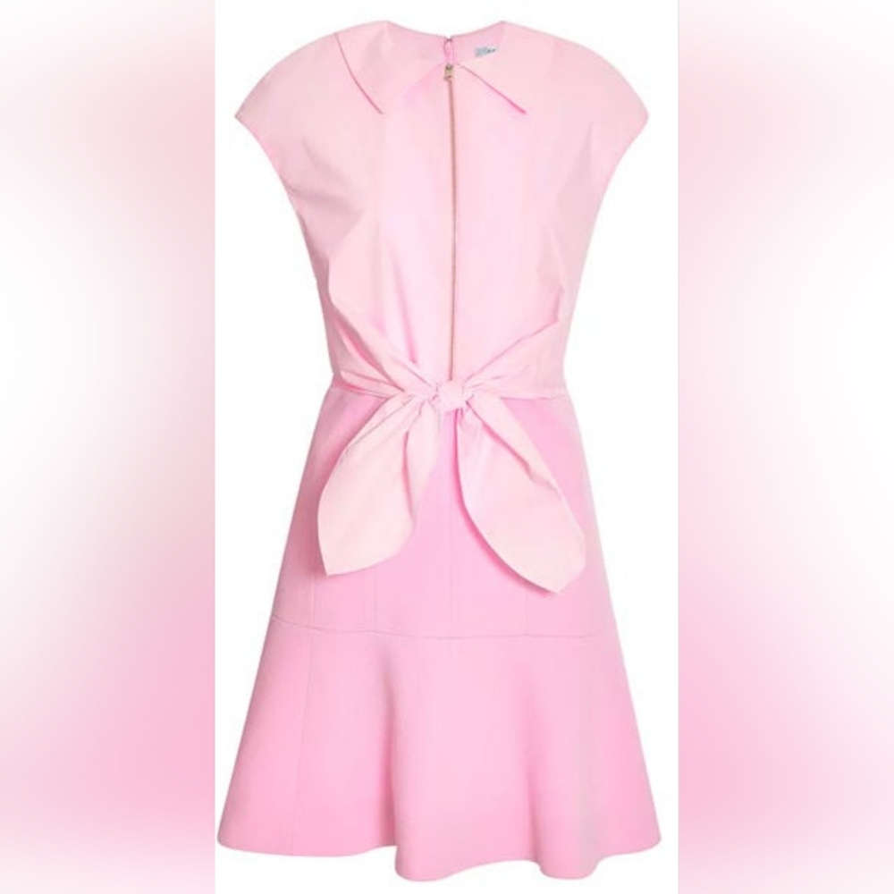 CARVEN Pink Tie-front Crepe Cotton & Virgin Wool Collared Fit & Flare Mini Dress